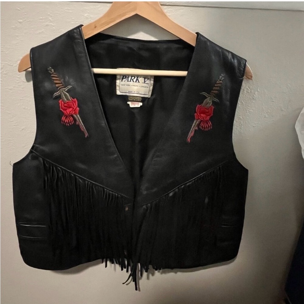 Park V Black Leather Fringe Vest Rose Dagger Embroidery Western Biker Women M - Picture 2 of 13